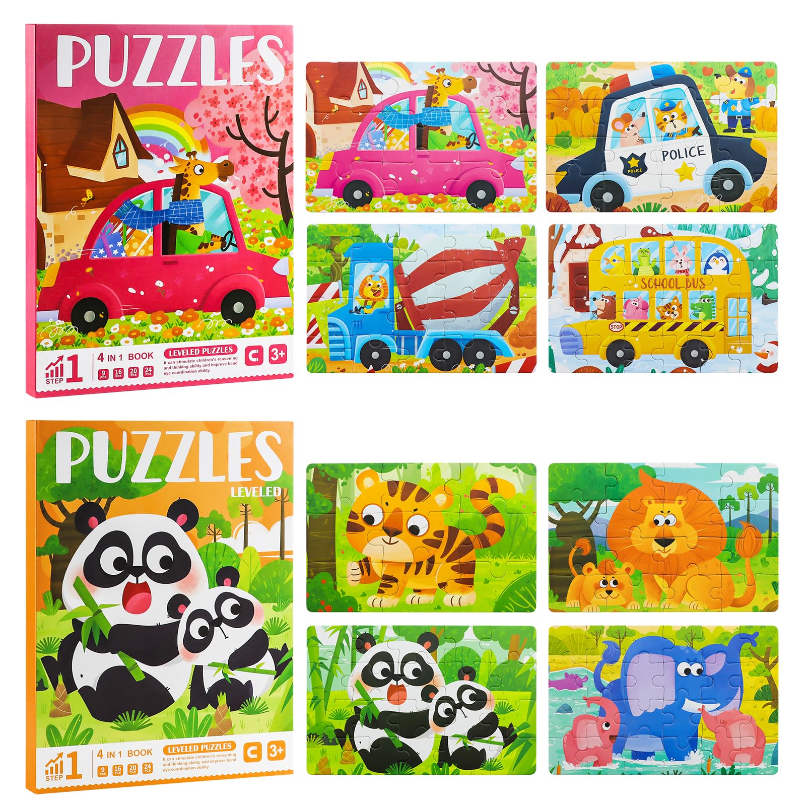 Set of children's puzzles with vehicles and animals on colorful backgrounds