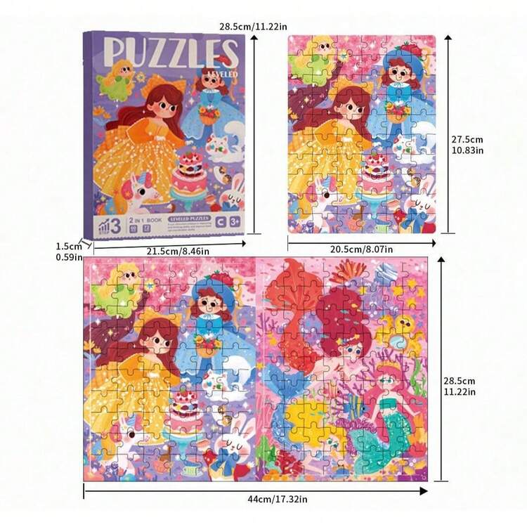 Children's puzzle with cartoon characters and measurements on a white background