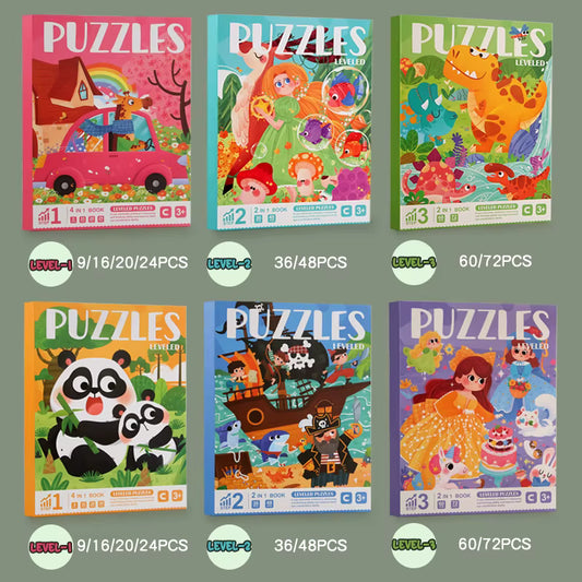 Collection of children's puzzle books with colorful illustrations on a gray background