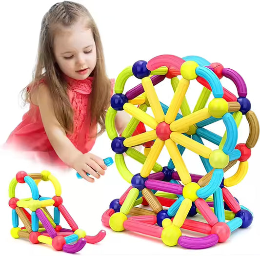 66 PCS Magnetic Balls and Rods Building Sticks Blocks Set Vibrant Colors Different Sizes Curved Shapes Children Educational Stacking STEM Magnet Toys for Kids Age 3+