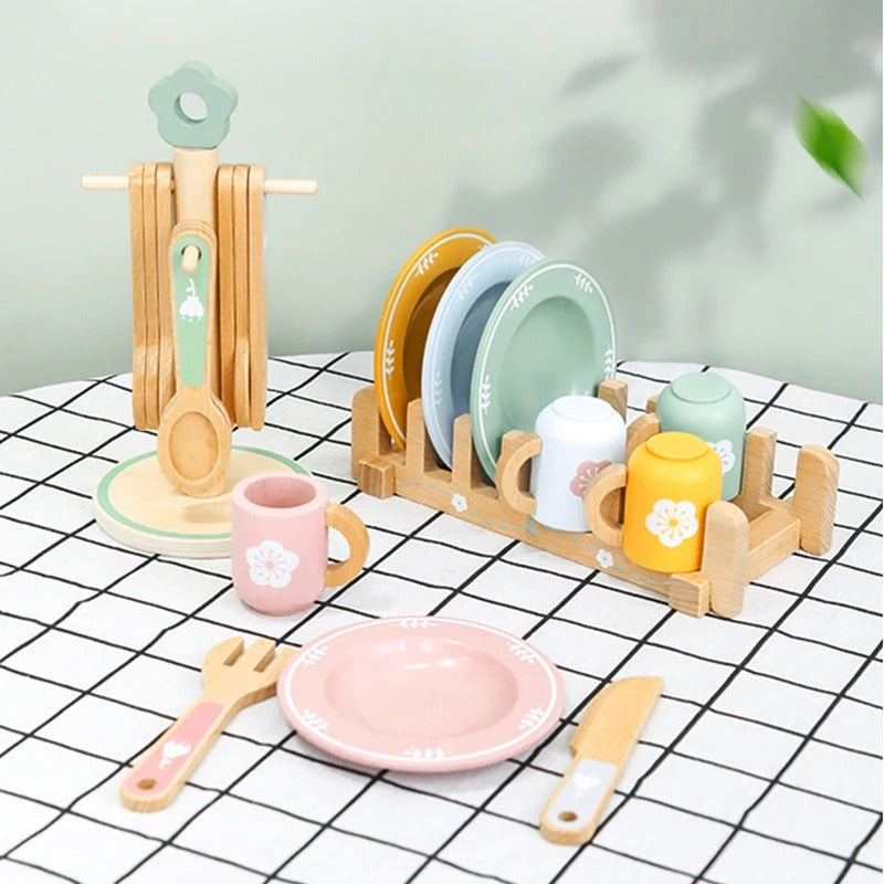 Wooden Dinnerware Play Set – Pretend Kitchen Toy