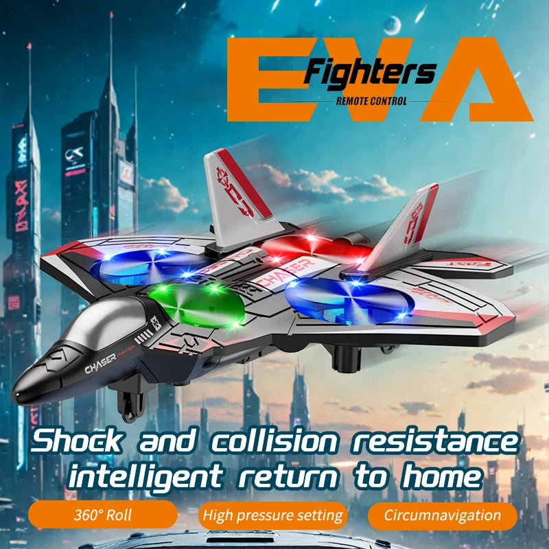 Sky Chaser™ RC Fighter Jet with rechargeable batteries– LED Remote Control Stunt Aircraft with 360° Rotation & One-Key Return