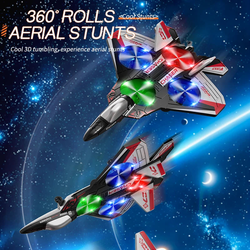 Sky Chaser™ RC Fighter Jet with rechargeable batteries– LED Remote Control Stunt Aircraft with 360° Rotation & One-Key Return