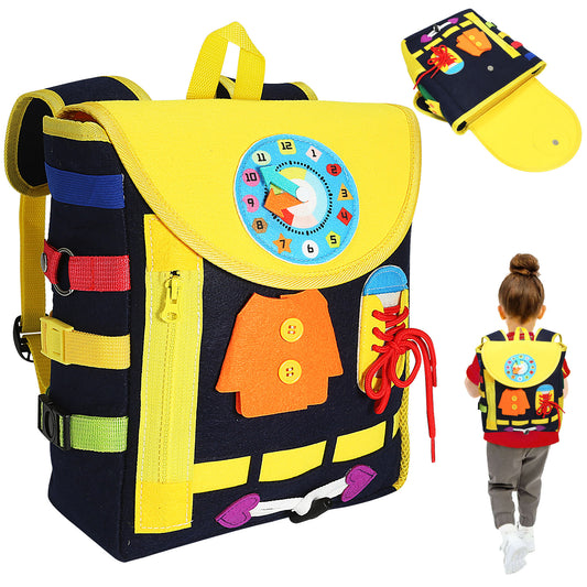 Montessori Busy Board Backpack – 3D Felt Toddler Learning Bag with Zippers, Laces & Clock