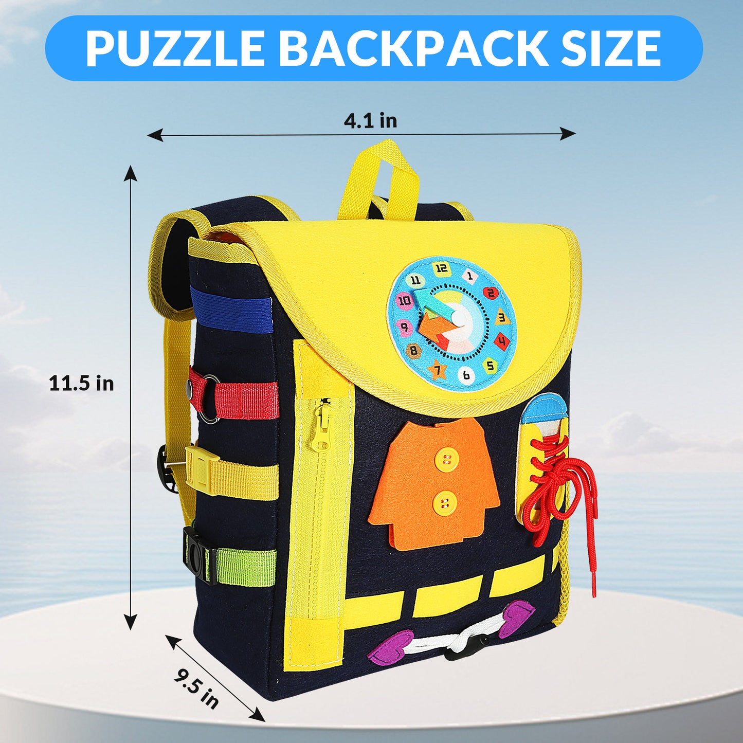 Montessori Busy Board Backpack – 3D Felt Toddler Learning Bag with Zippers, Laces & Clock