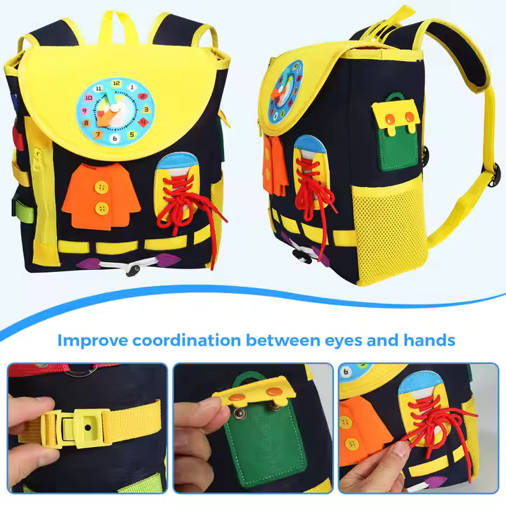 Montessori Busy Board Backpack – 3D Felt Toddler Learning Bag with Zippers, Laces & Clock