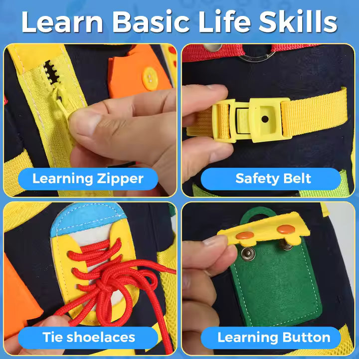 Montessori Busy Board Backpack – 3D Felt Toddler Learning Bag with Zippers, Laces & Clock
