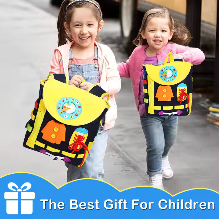 Montessori Busy Board Backpack – 3D Felt Toddler Learning Bag with Zippers, Laces & Clock