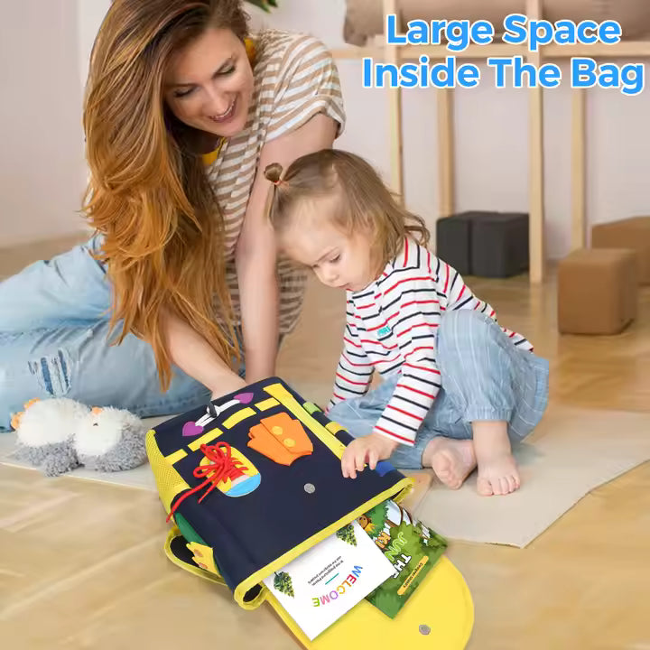 Montessori Busy Board Backpack – 3D Felt Toddler Learning Bag with Zippers, Laces & Clock