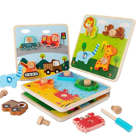 Nut Pairing Plate - Single Piece Puzzle with Baby Safe Wooden Screwdriver and Wooden Nut