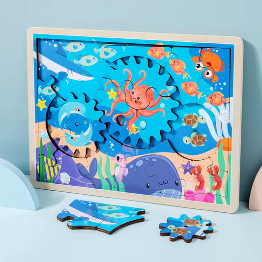 Ocean Gear Puzzle | Wooden Montessori Rotating Gear Puzzle & Fine Motor Learning Toy