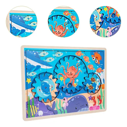 Ocean Gear Puzzle | Wooden Montessori Rotating Gear Puzzle & Fine Motor Learning Toy
