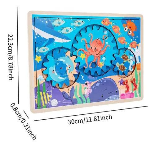 Ocean Gear Puzzle | Wooden Montessori Rotating Gear Puzzle & Fine Motor Learning Toy