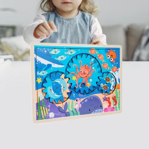 Ocean Gear Puzzle | Wooden Montessori Rotating Gear Puzzle & Fine Motor Learning Toy