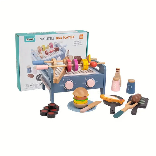 Wooden BBQ grill play set with rotating skewers, burger, fish, seasoning bottles and pretend cooking accessories for children.