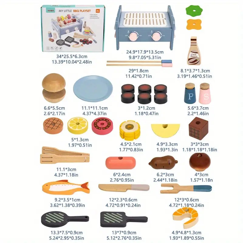 Wooden BBQ grill play set with rotating skewers, burger, fish, seasoning bottles and pretend cooking accessories for children.