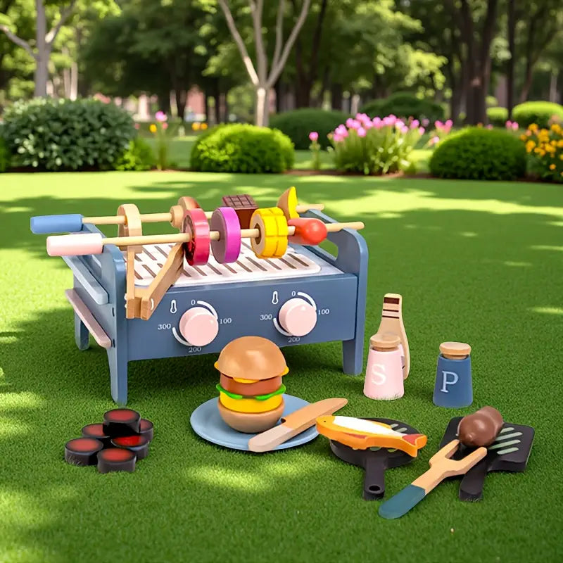 Wooden BBQ grill play set with rotating skewers, burger, fish, seasoning bottles and pretend cooking accessories for children.