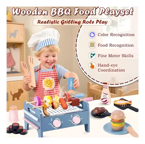 Wooden BBQ grill play set with rotating skewers, burger, fish, seasoning bottles and pretend cooking accessories for children.