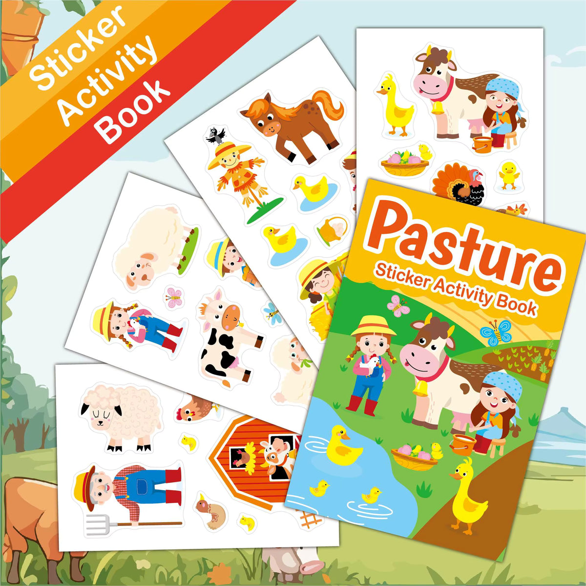 Pasture reusable sticker activity book with farm-themed scenes