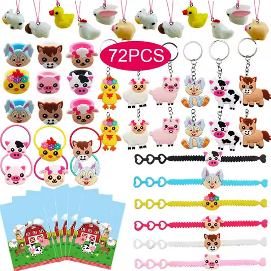 Farm Animal Party Favors – 72pcs Party Pack (Necklaces, Keychains, Bags & Fillers for Kids)