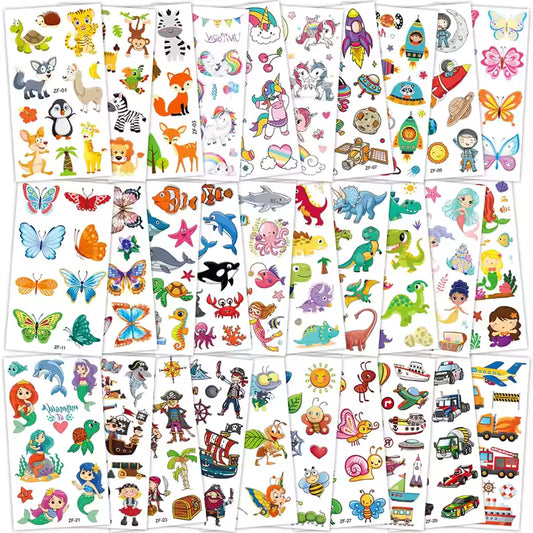 Cartoon Temporary Tattoos – Pirate, Dinosaur, Mermaid, Shark, Car Designs (Party Favors for Kids)