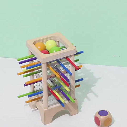Rainbow Stick & Ball Drop Game – Montessori Wooden Dice Toy