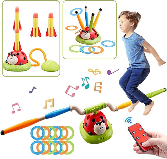 3-in-1 Kids Outdoor Sports Game Set – Obstacle Course, Rocket Launcher & Ring Toss (Ladybug Theme)