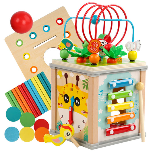 Ten-in-One Multifunctional Wooden Activity Box – Beads, Piano, Carrot Pull & Learning Cube