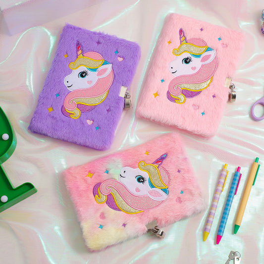 Soft plush unicorn notebook for kids with fluffy unicorn cover