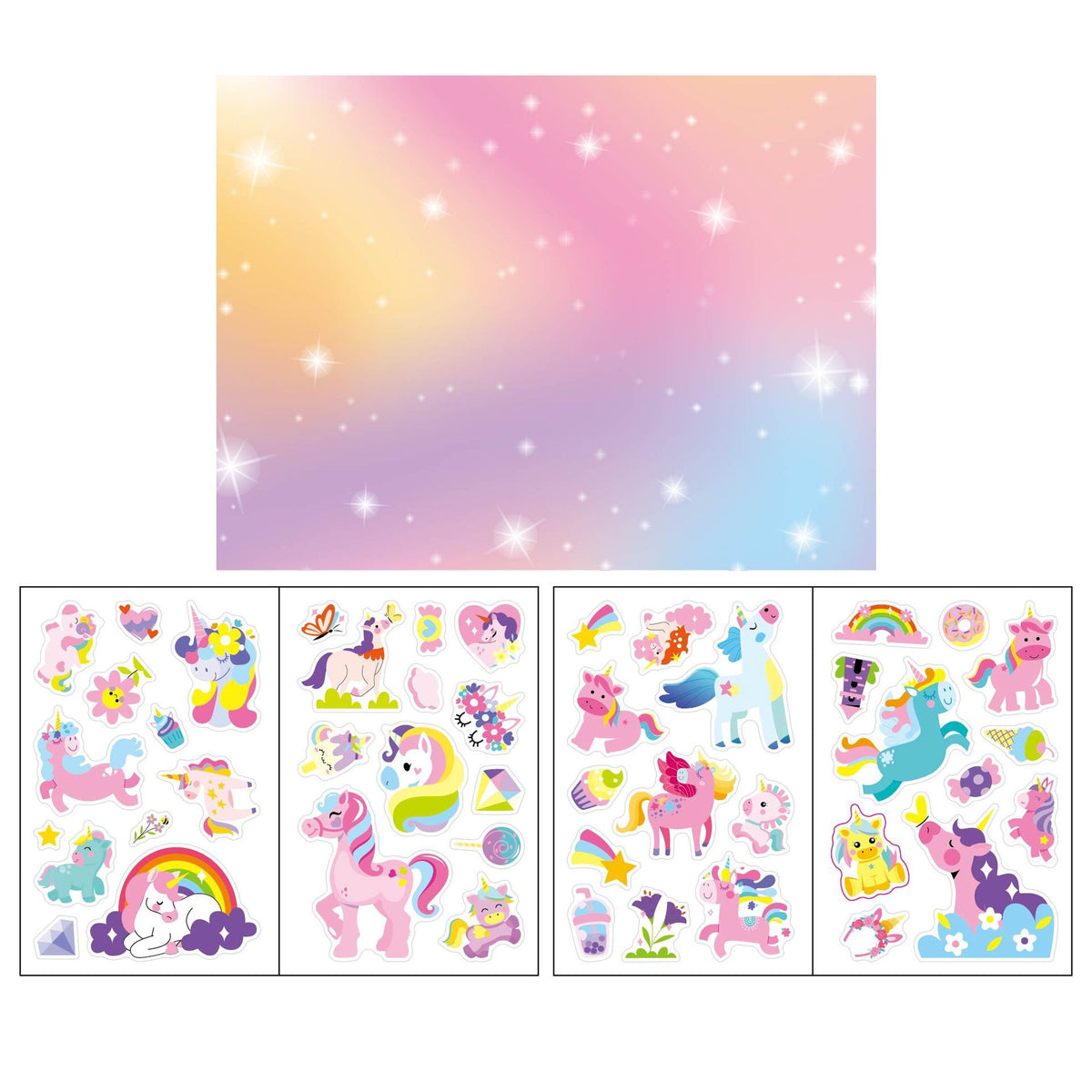 Children placing reusable unicorn stickers in an activity book scene