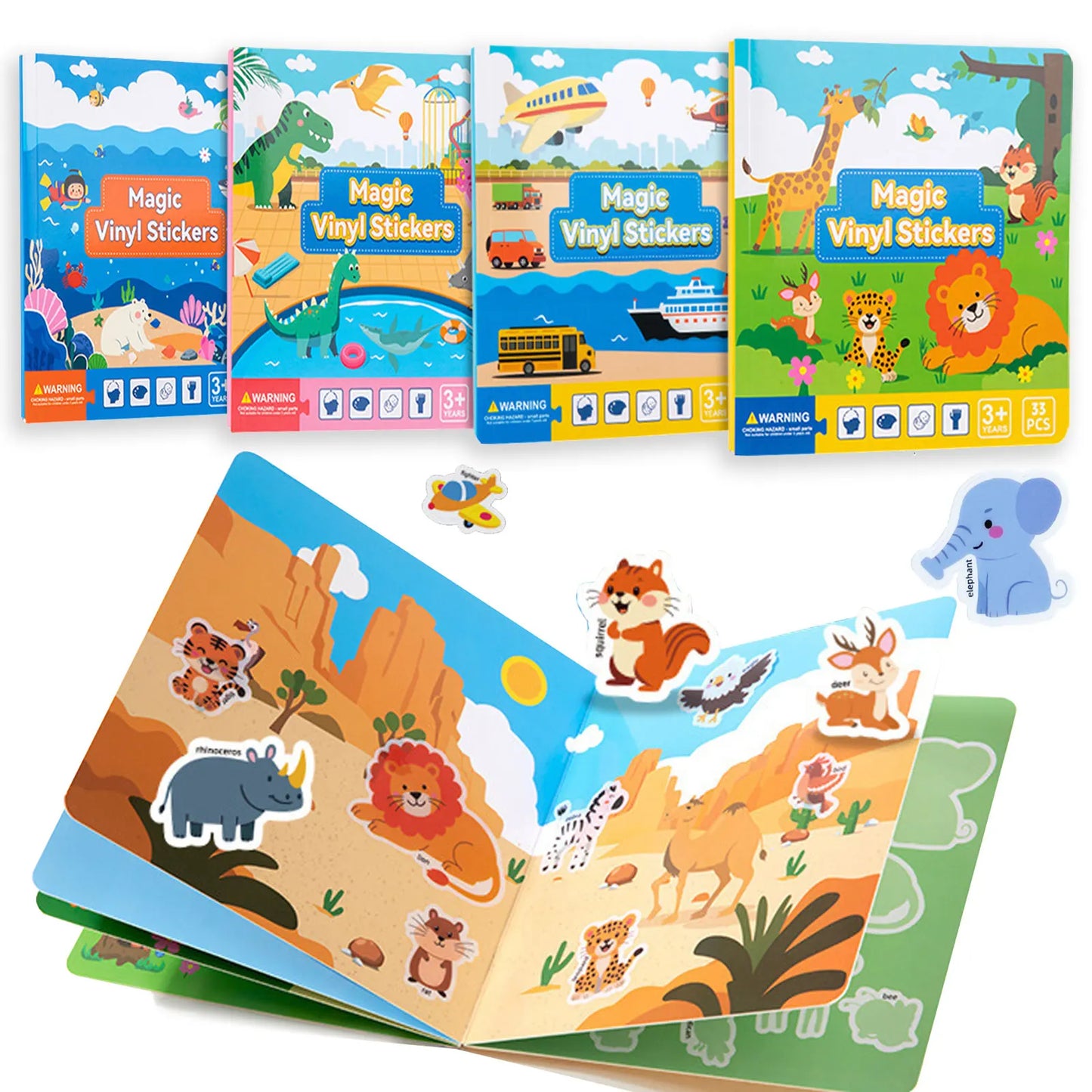 4 Scenes In 1 Magic Vinyl Sticker Reuasable Book Activity for Kids Toddler Airplane Travel Essentials