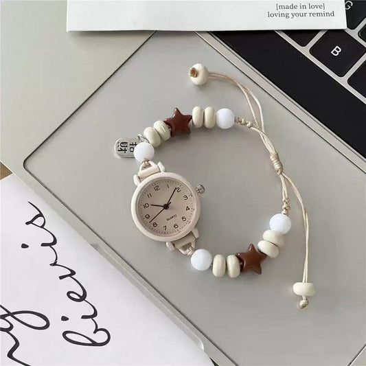 Girls Beaded Star Watch – Adjustable Kids Quartz Wristwatch (Neutral Cream)