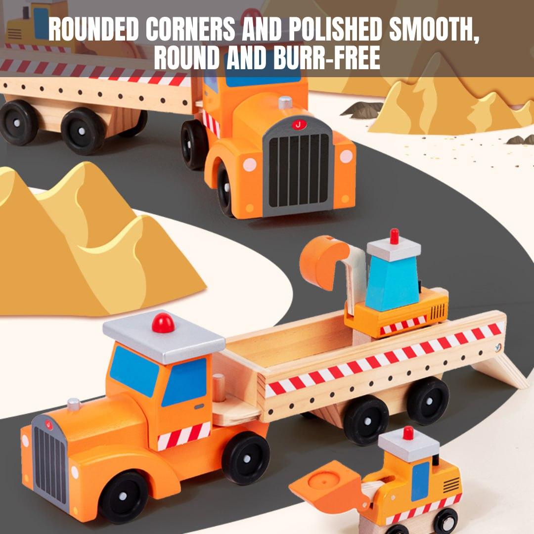 Wooden Construction Vehicle Carrier Truck – Transporter Lorry with Excavator Toy