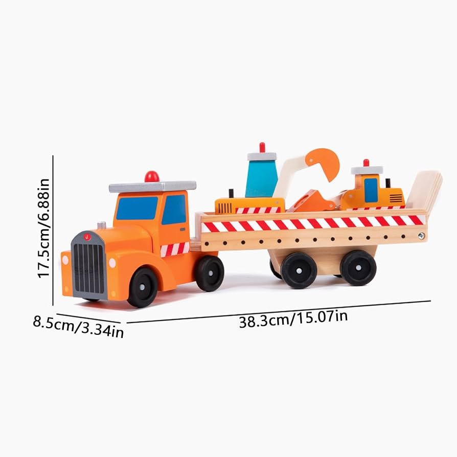 Wooden toy truck with a smaller vehicle on a white background, showing dimensions.
