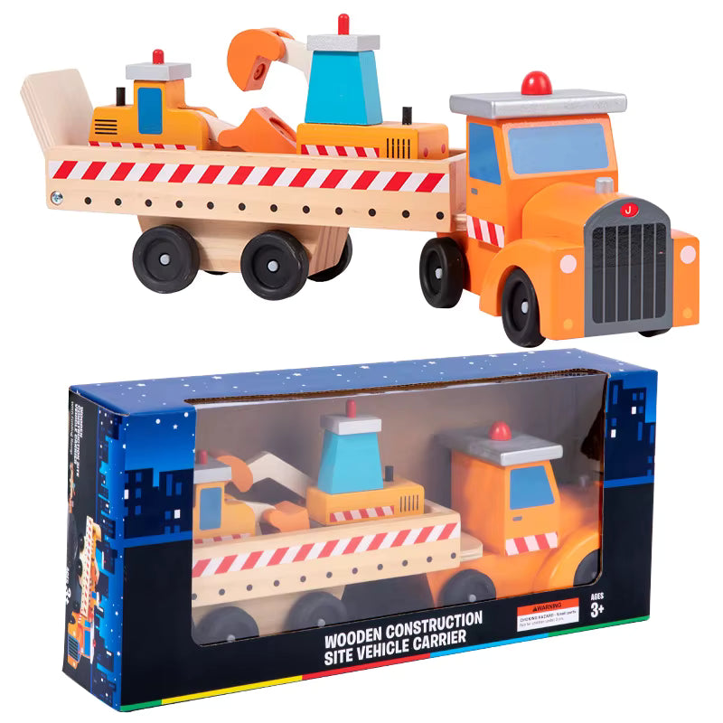 Toy construction vehicle carrier with wooden truck and toy vehicles, including a wooden box packaging.