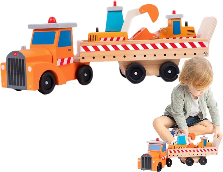 Child playing with a toy construction vehicle set on a white background